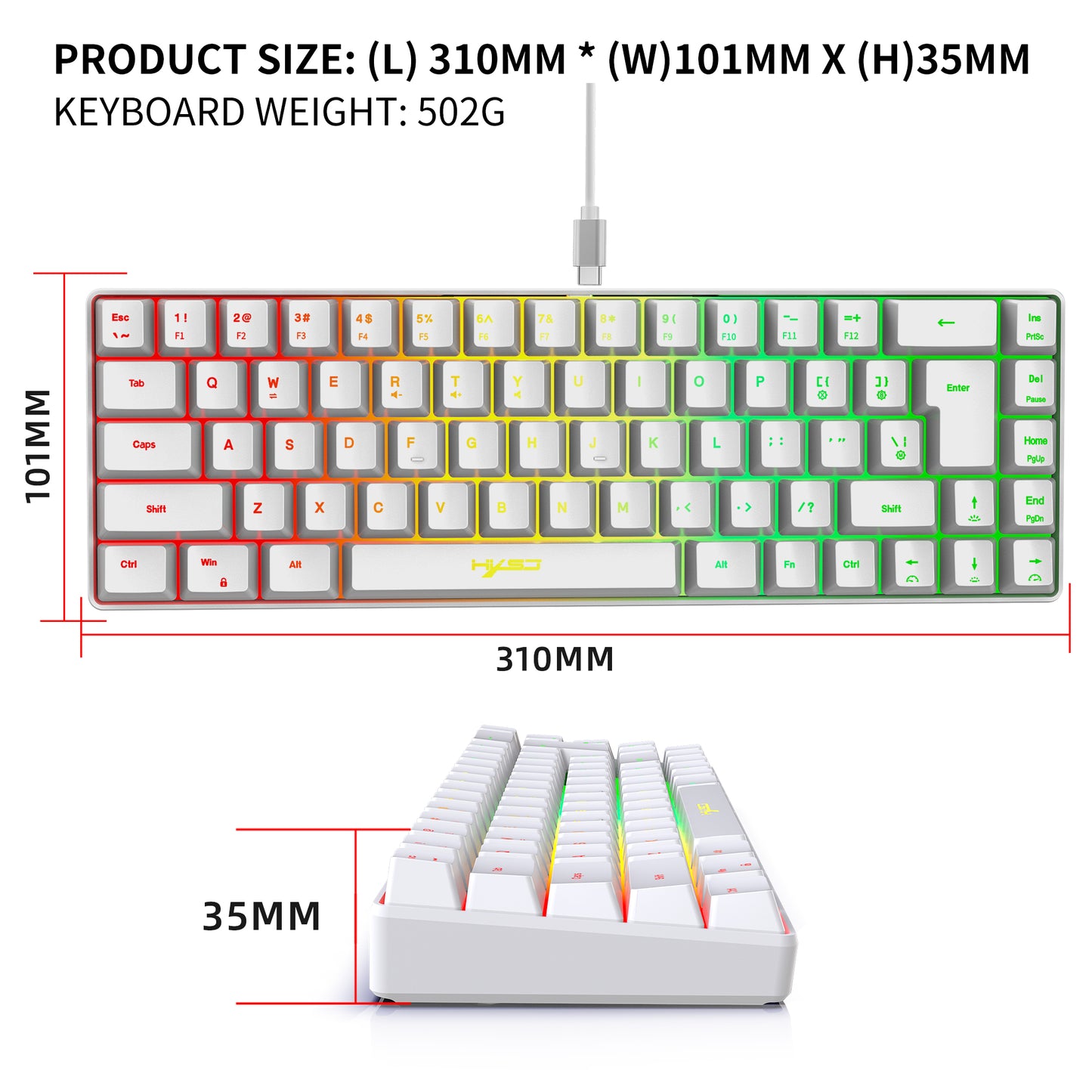 68 Keys Portable Wired USB Gaming Keyboard 20 RGB Backlit Keyboard for Windows Laptops